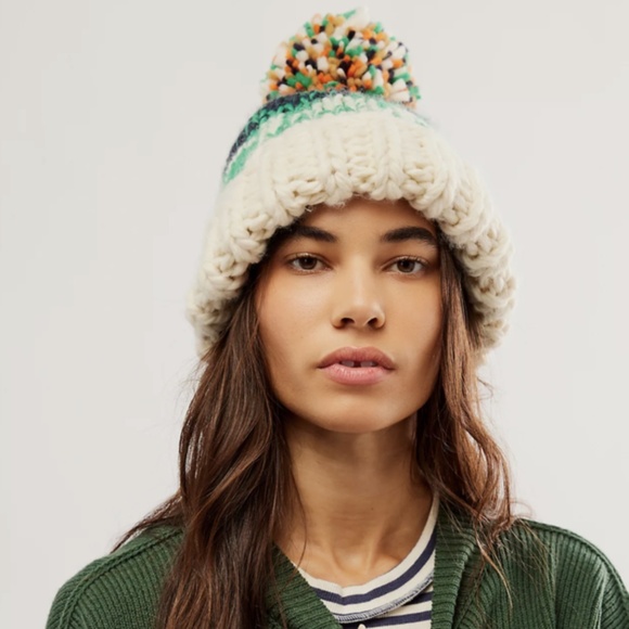 NEW Free People Tide Stripe Knit Pom Beanie Ivory - Picture 6 of 16